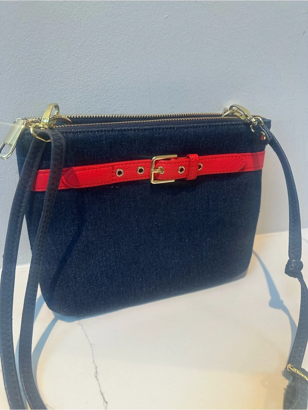 Talbots denim Crossbody Bag with Red Belt Accent